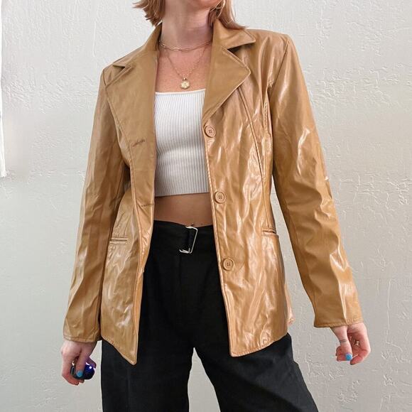 Vintage Y2K Tan Faux Leather Blazer Style Fitted Button Up Jacket - Picture 6 of 7